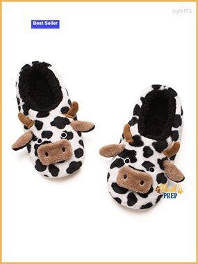 Cute Cow Animal Slippers for Women with Non Slip Grippers, Soft Plush, Memory